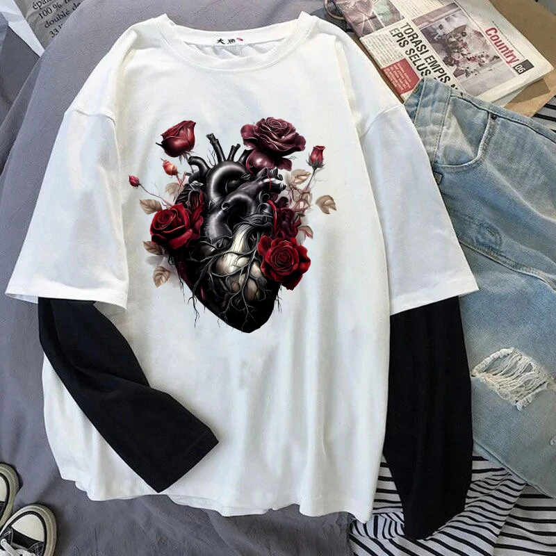 تنفس تنوعا تي شيرت للنساء Harajuku الإبداعية زهرة نمط الطباعة تيز القوطي جماليات قمة Y2K الشارع الشهير الموضة