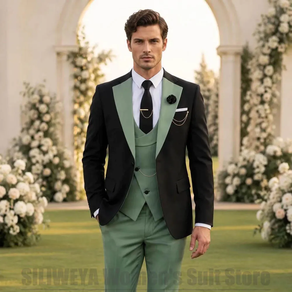 Men Contrast Color 3 Piece Tuxedo Suit Set Fashion Jacket Vest Pants Notch Lapel For Groom Wedding Prom Party Banquet Outfit