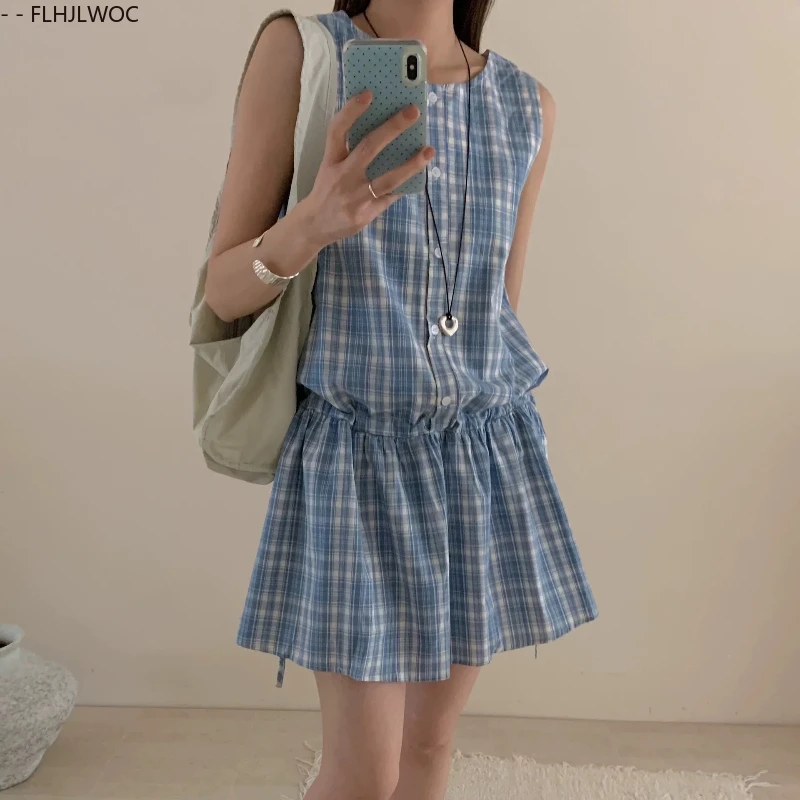 Shirring sem mangas peplum topos bonito doce japão meninas retro vintage babados camisas xadrez cintura fina chique y2k design blusas