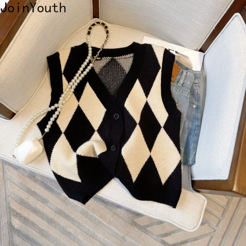 Sweater Vest for Women V-neck Sleeveless Plaid Waistcoat 2024 Ropa Mujer Oversized Tops Casual Fashion Knitted Vintage Tanks