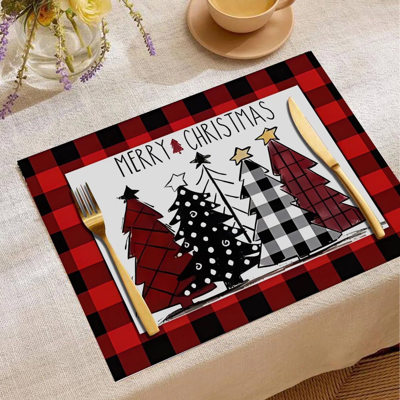 

Nordic Christmas Cute Cartoon Santa Claus Style Linen Placemat Red Xmas Tree Festive Dining Table Cloth Pad