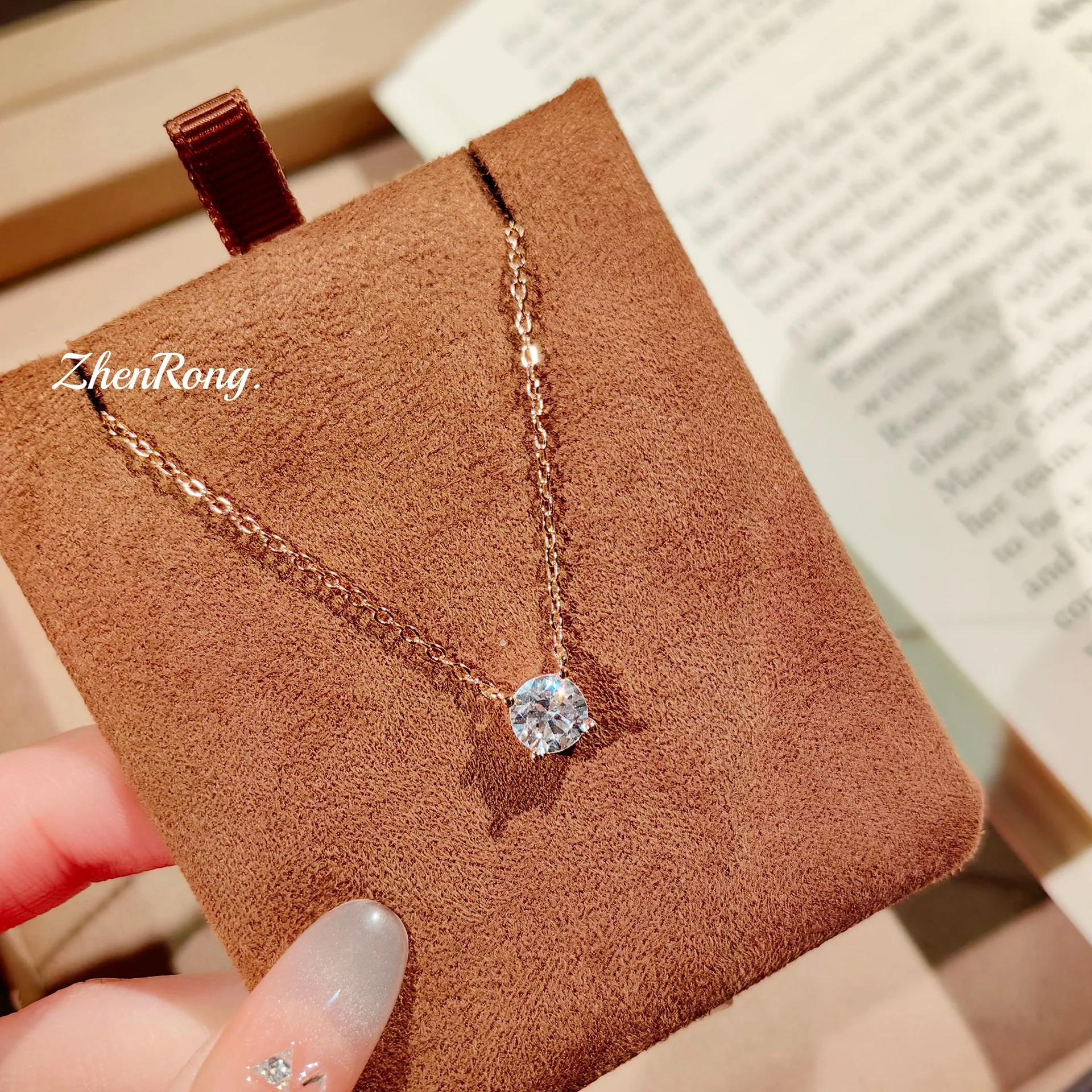 S925 Sterling Silver Necklace Champagne Gold 2 Carat Four-claw Mini Single Diamond Zircon Clavicle Chain