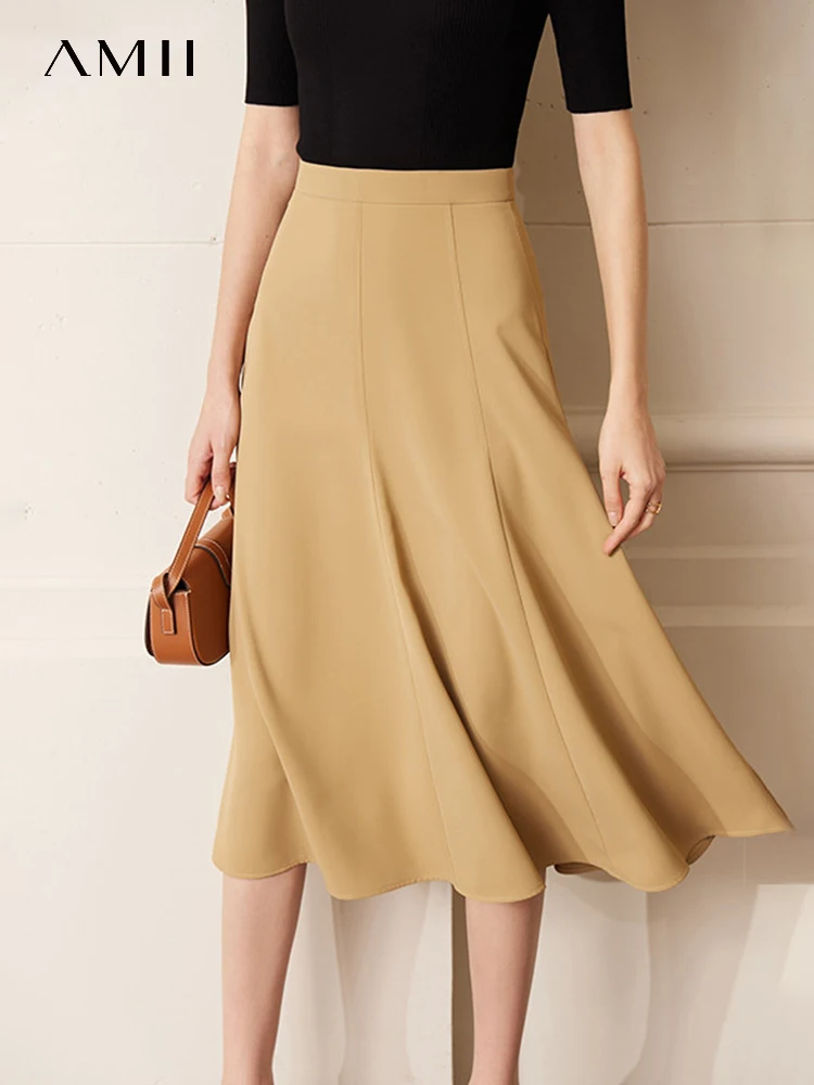 AMII Minimalism Skirts for Women 2023 Spring New High Waist Fishtail Skirt Irregular Hem A-line Robe Women Midi Skirt 12362010