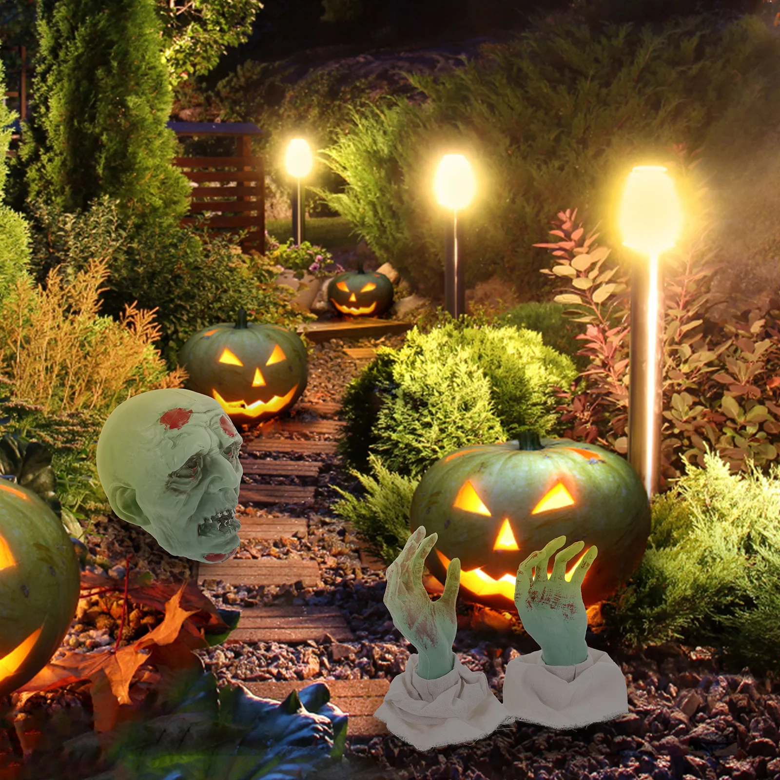 

1 set 1 Set Horror Face Head Hands Decor For Halloween Yard Stakes Outdoor Garden Grave Decoration Scary Party Props