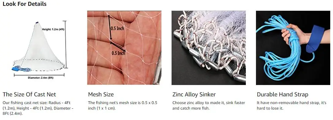 Salzwasser-amerikanisches Angelnetz mit Zink-Sinker und wasserdichtem Eimer 3/4/5/6/7/8/9/10 Fuß Radius-Wurf-Fischernetz, Köderfalle – Detail 3