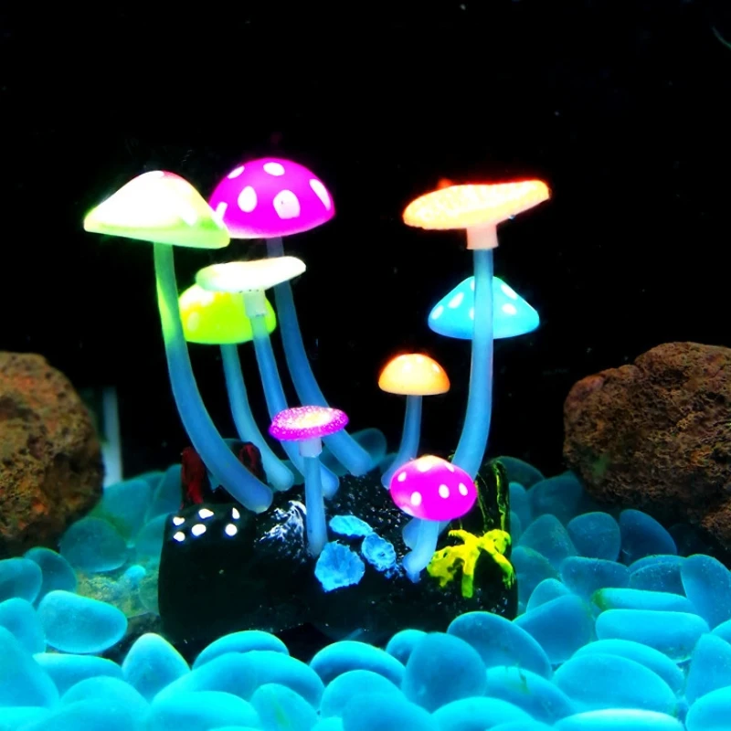 Aquarium Fluorescent Mushroom Lotus Fish Tank Simulation Decoration Water Plant Artificial Luminous Decor Bottom Suction Cup