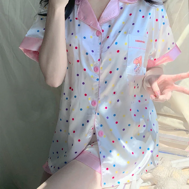 Sweet Y2k Coloful Dot Print Harajuku Women\'s Pajamas Korean & Japan Simple Streetwear Nightwear 2024 New Summer Home Sleepwear