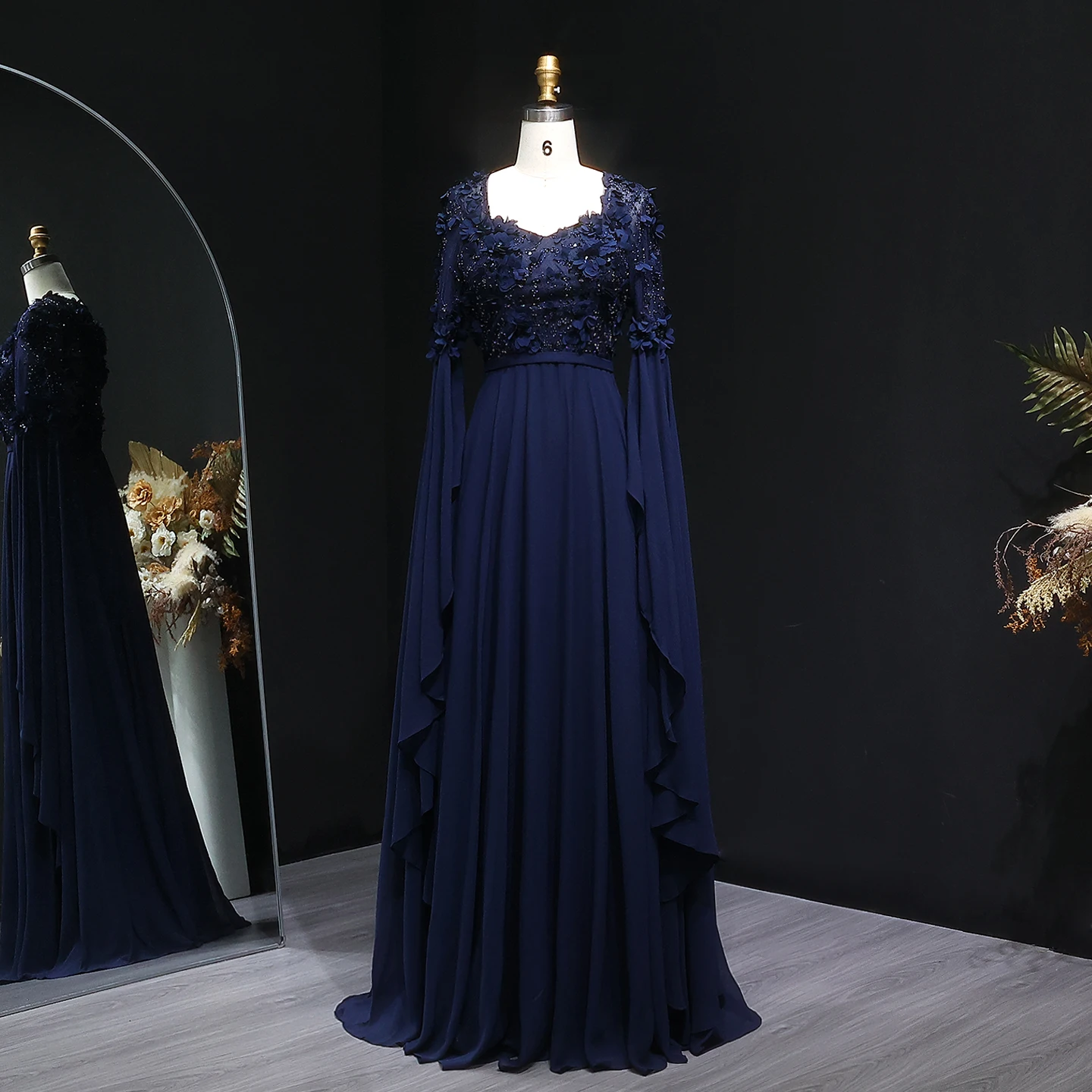 

Sharon Said Luxury Navy Blue Evening Dress with Cape Sleeves 3D Flowers for Women Wedding Formal Prom Gown 2025 SF353 Customized
