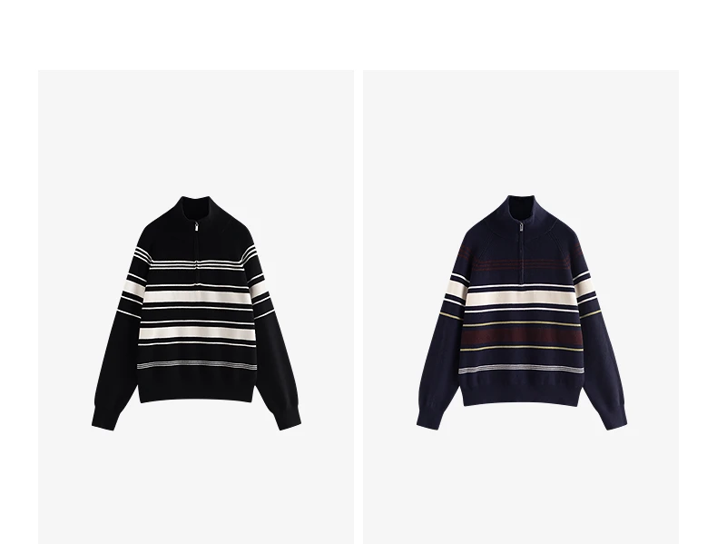 TOYOUTH Women Knitted Sweater 2026 Autumn New Fashionable Style Striped Zipper High Collar Woolen Pullover Sweater Tops
