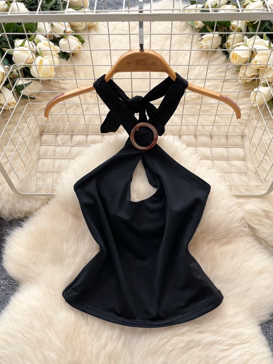 Foamlina European High Street Hollow Out Ring Buckle Halter Crop Top Women 2025 Summer Sexy Slim Fit Vest Tanks For Y2k Girls
