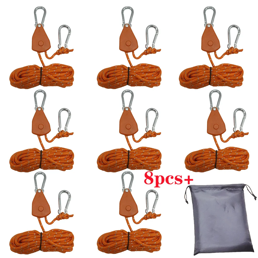 NONE 8Pcs 4m Camping Seil Zelt Einstellbare Seil Verschluss Feste Schnalle Pulley Spanner Ratsche Kleiderbügel Lichter Camping Markise wind Seil 5