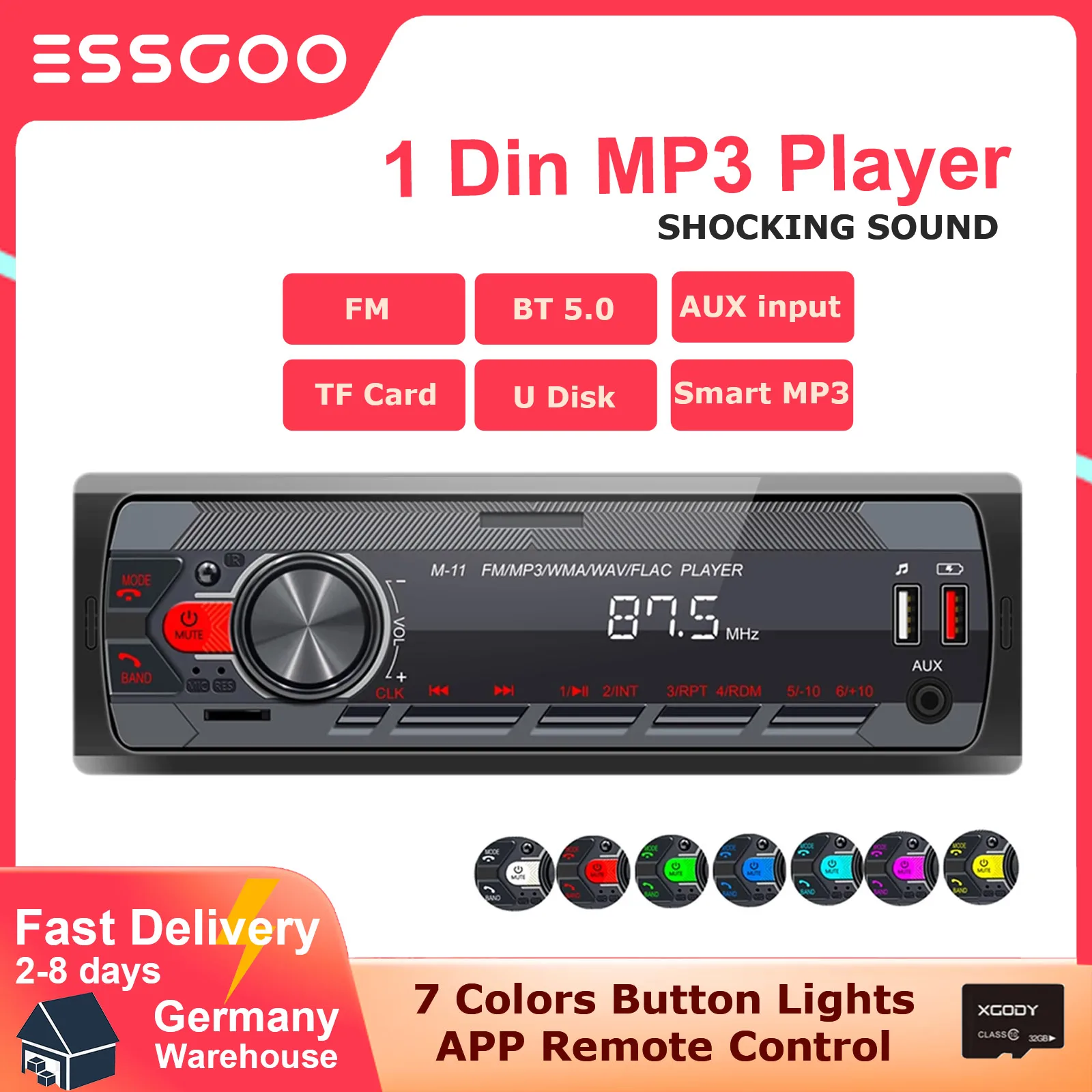 ESSGOO-Leitor Multimédia Automóvel, Rádio Áudio, 1 Din, MP3, Estéreo, Bluetooth, FM, Entrada AUX, USB, Botões Coloridos, Controlo Remoto APP