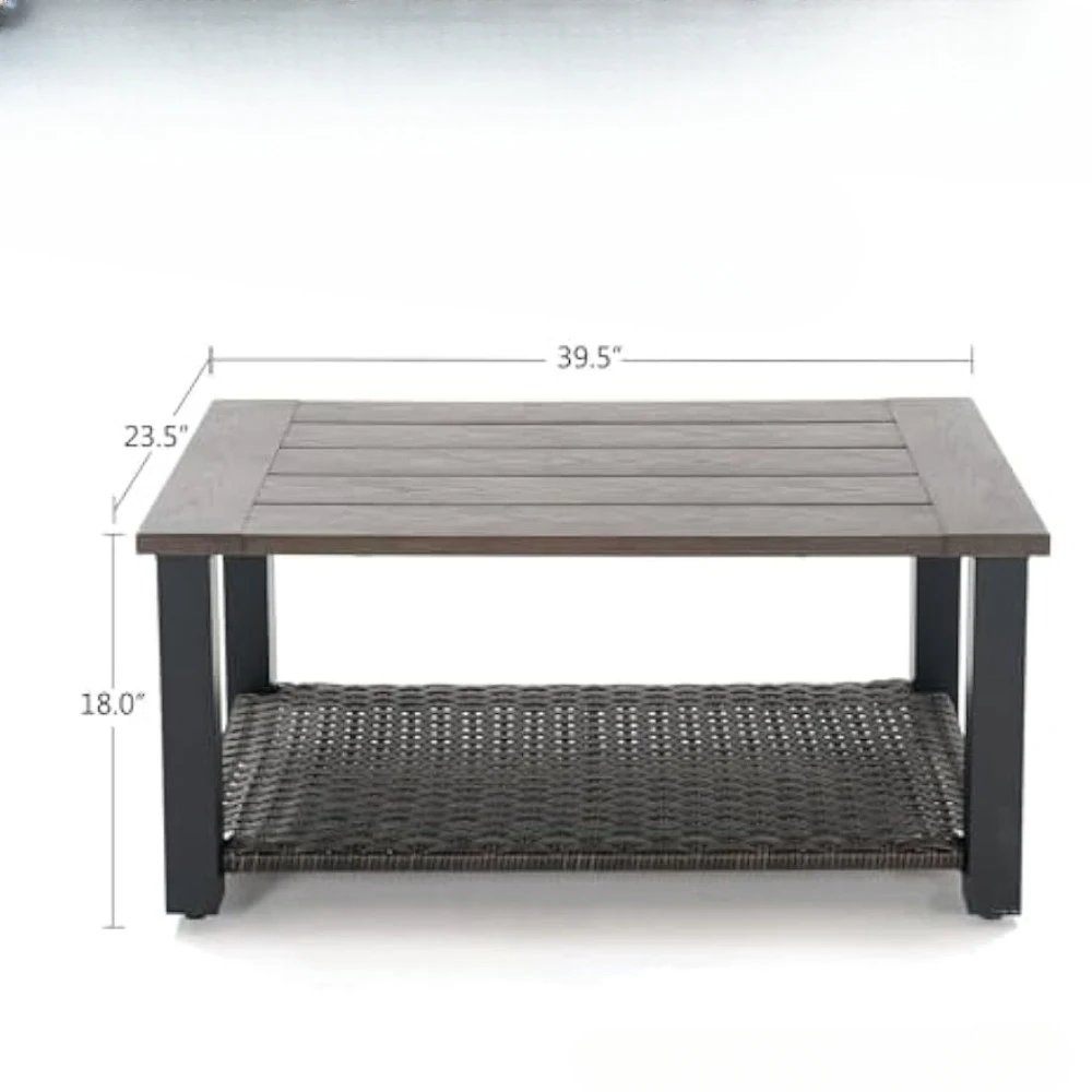 Patio Outdoor Coffee Table with Wicker Storage, 40 Inch Aluminum Steel Side Table Rectangle with Faux Wood Tabletop, Patio Table