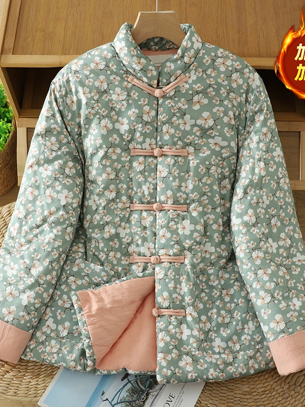 بدلة تانغ شتوية من القطن الخالص للنساء من Thiened بدلة تانغ مطبوعة بالزهور الصينية التقليدية ملابس خارجية معطف دافئ للأم #2