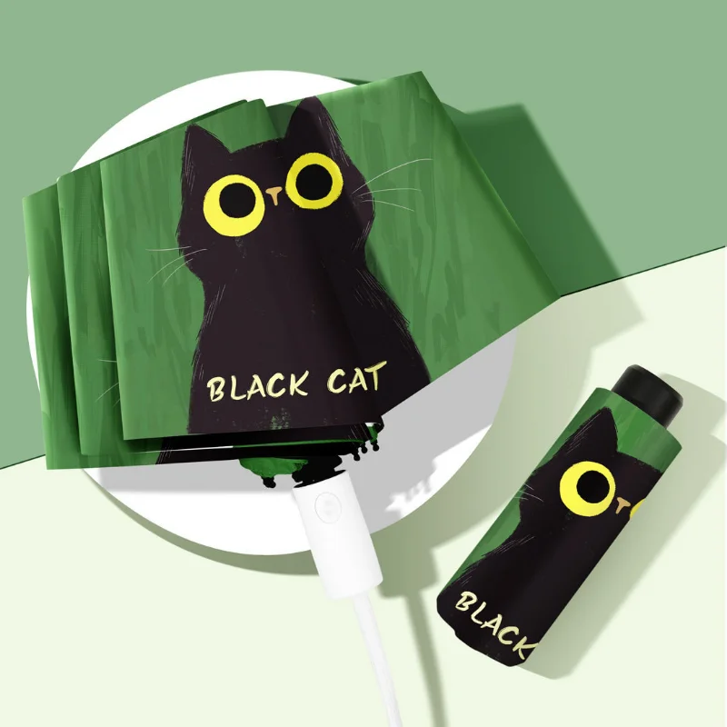 Black Cat Green Umbrella 3 Folding Portable Sun Anti UV Black Coating Windproof Animal Sombrillas High Quality