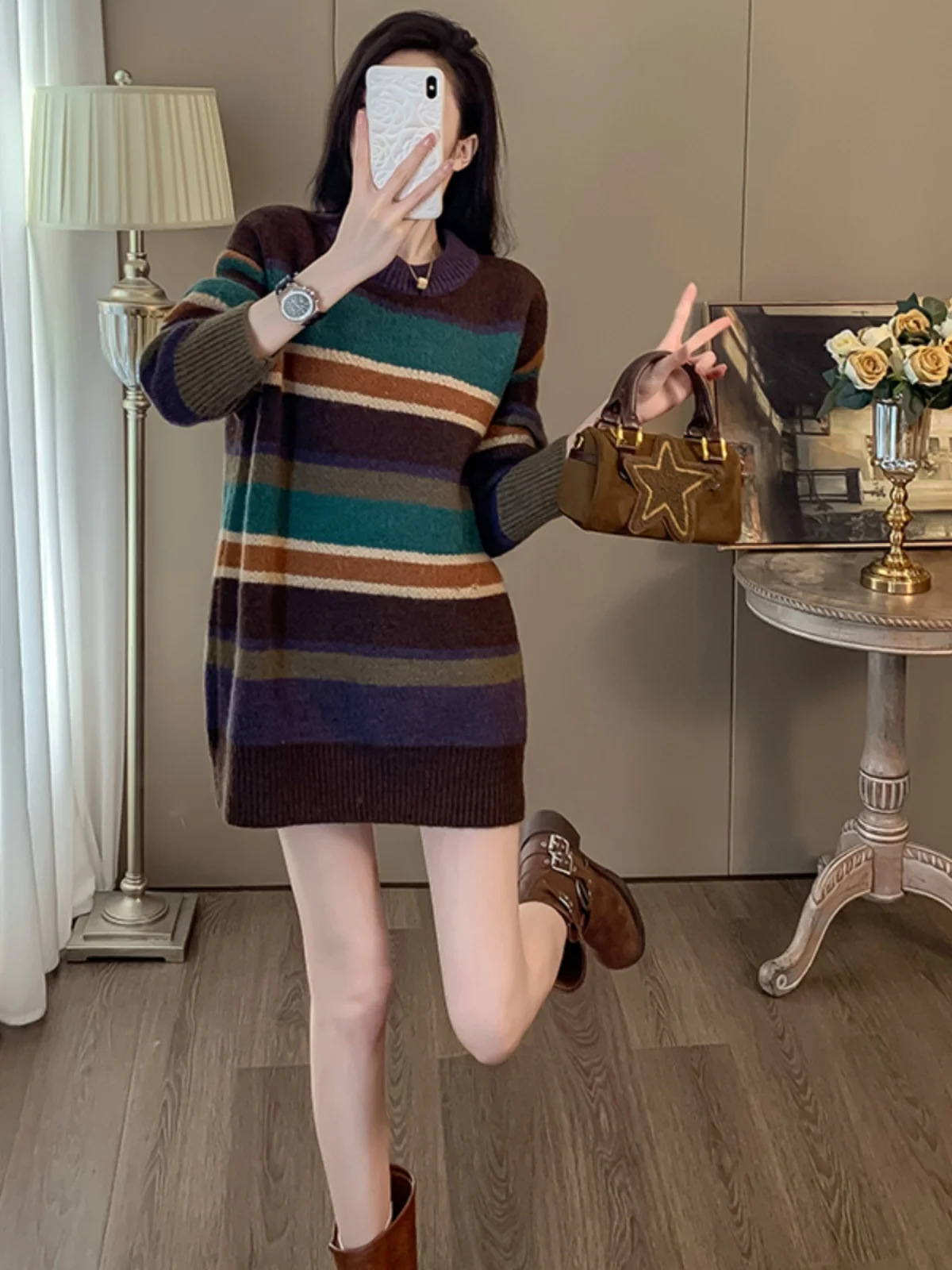 

Elegant Knitted Sweater Women's Loose Long Sleeve Mid-Length Comfortable Style Spring Fashion Soft Warm Crew Neck Sweater