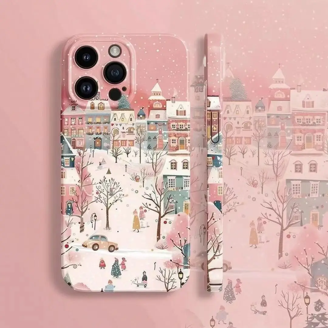 Rural Building Snow Scenery Pink Phone Case For iPhone 17 16 15 Pro Max 14 13 Pro Max 12 Mini 11 16 15 Plus Shockproof Covers