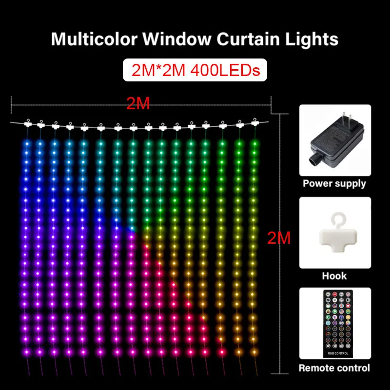 Cadena de luces LED RGB para cortina inteligente, 400 LED, Bluetooth, Control por aplicación, luces de hadas de Navidad, pantalla de imagen programable, decoración de habitación