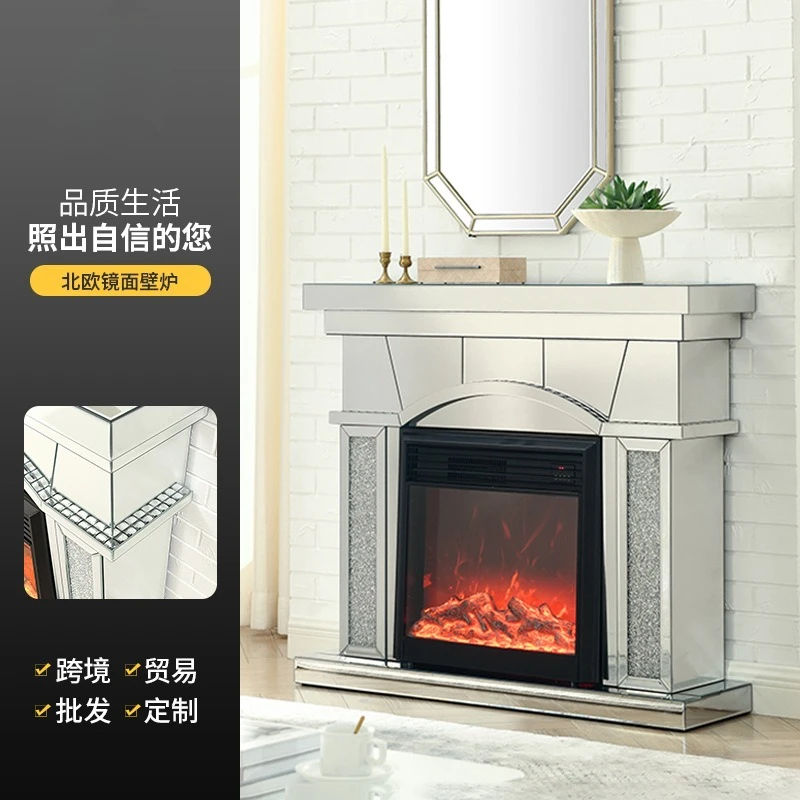 

Diamond-encrusted silver mirror fireplace simulation fire fireplace electronic creative light luxury Nordic living room