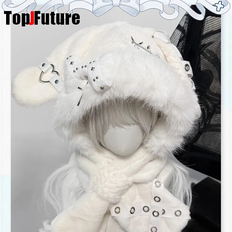 Women Harajuku Y2K Girls Hat Gothic Lolita Bunny ear Winter Warm  Stempunk Furry Bone Hat Keep Warm Scarf Scarves Beanie Hat