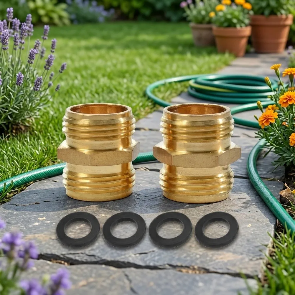 Brass Garden Hose Adapter Set 2 Pieces 3/4 Inch Double Male Connectors for Secure Connection of Standard Garden Hoses
