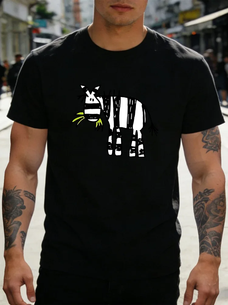 Doodle Zebra Eating Grass Graphic Mens Short Sleeve T Shirt Cute Cartoon Animal Crew Neck Soft Cotton Casual Daily Tee For Men