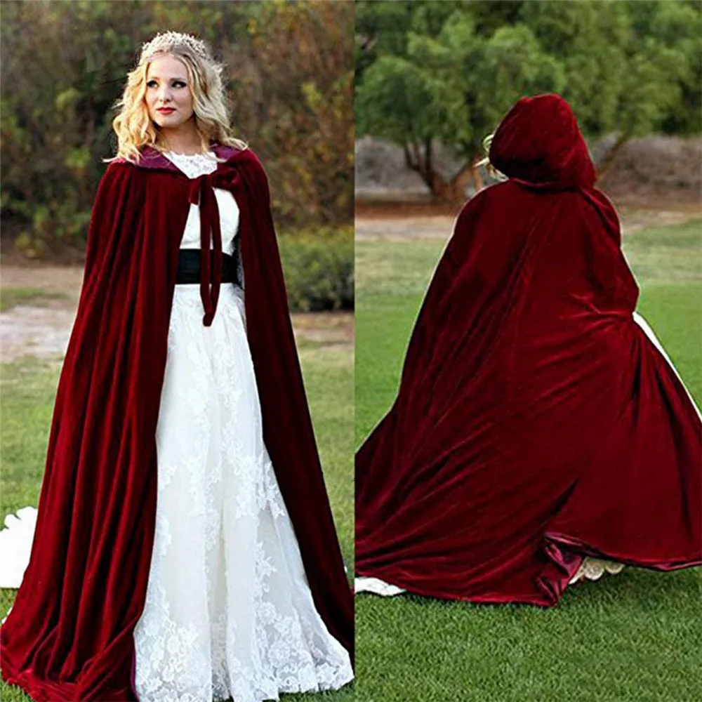 Wine Velvet Hooded Cloak Wedding Cape  Faux Fur Shawl halloween cloak