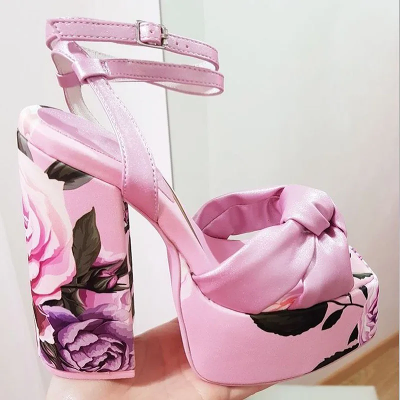 

Pink Floral Leather Platform Bow Knot Block High Heel Sandals Square Toe Ankle Strap Women Flowers Mixed Colors Pumps Shoes