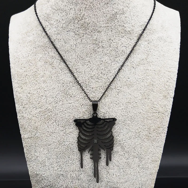 Gothic Skull Stainless Steel Necklace for Men Black Color Thoracic Rib Necklaces Pendants Jewelry colgante hombre ZZZ957-QKC