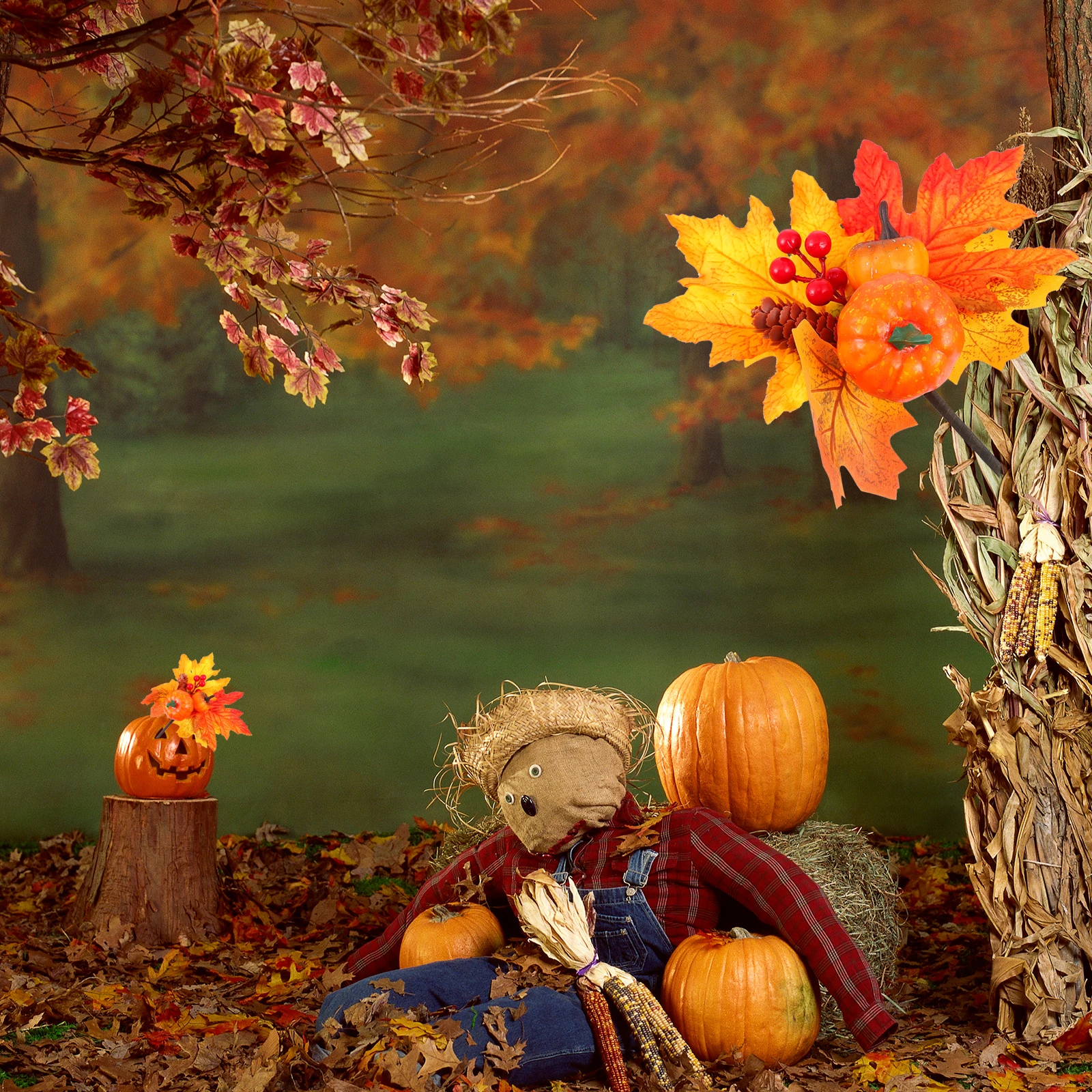 

2 Pcs Simulation Pumpkin Decoration Harvest Festival Props Halloween Plug-in Maple Leaves Leaf Stakes Fall