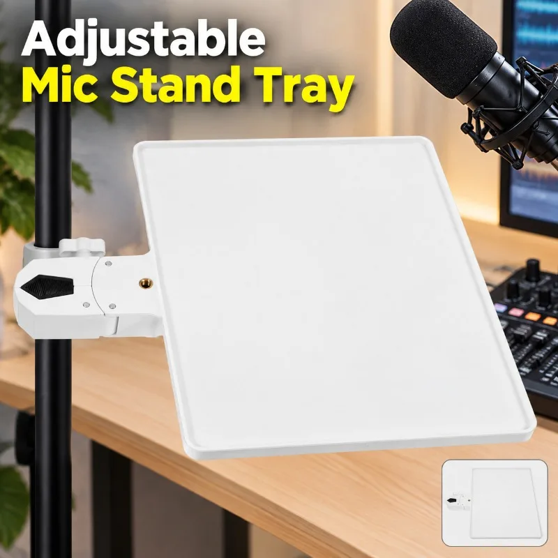 Clamp-On Mic Stand Tray Adjustable Metal Sound Card Holder Rack for Live Streaming Recording Karaoke, White, Universal Desk