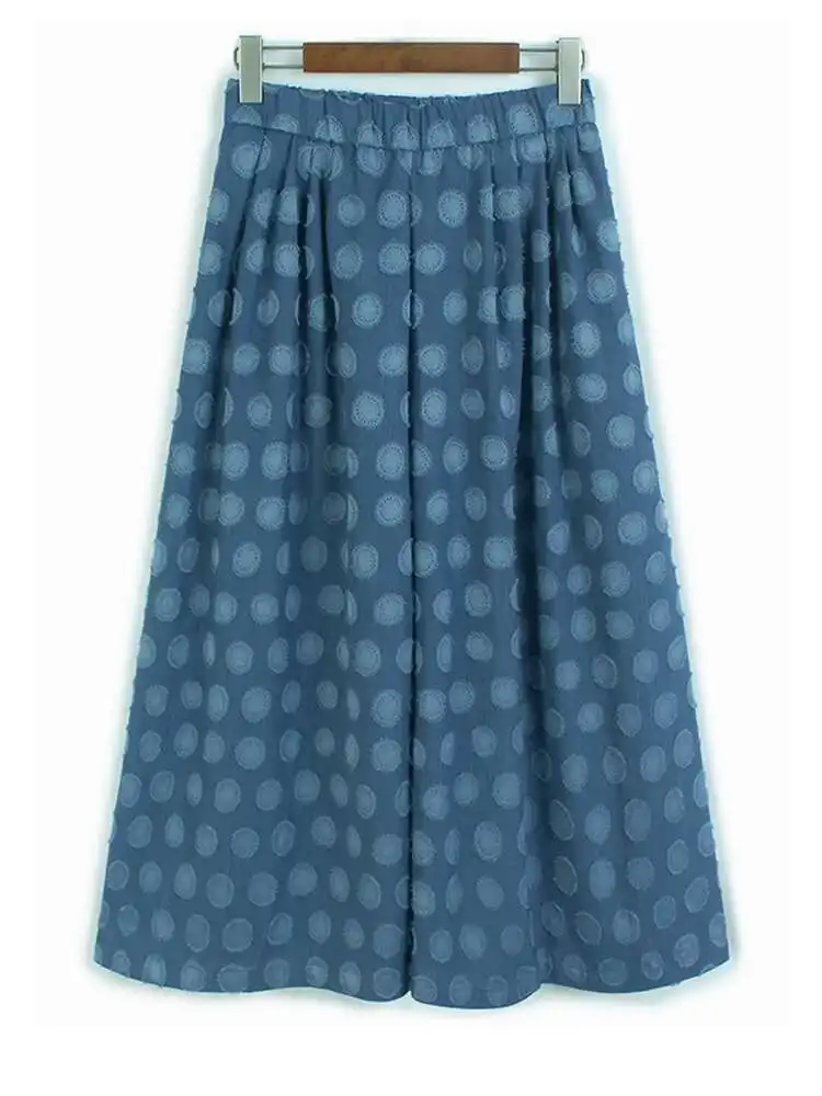 

Высокая эластичная талия, синие флокированные повседневные широкие брюки в горошек, новые брюки, женские модные брюки, весна-осень