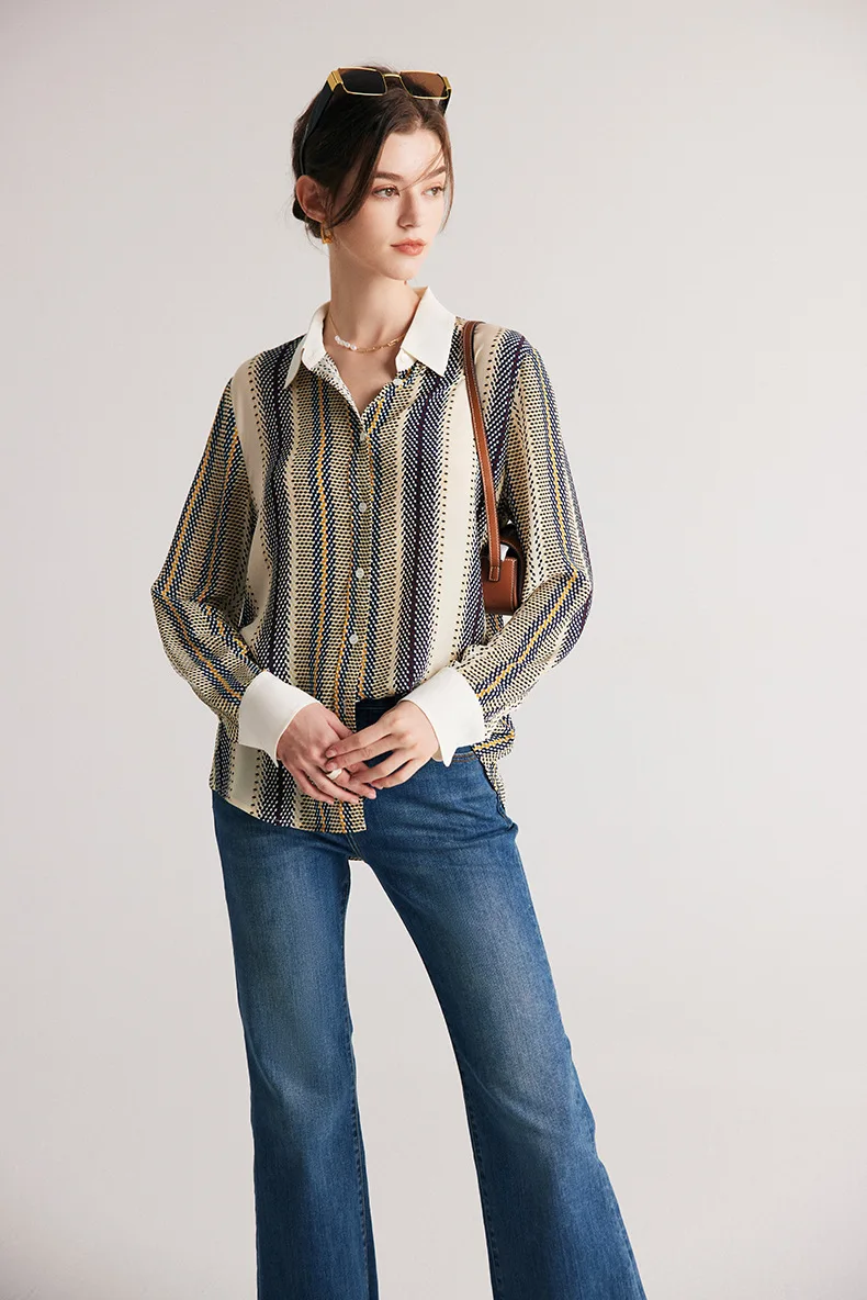 100% Natural Silk Women's Shirt Turn Down Collar Long Sleeves Printed Elegant Fashion Blouse Tops