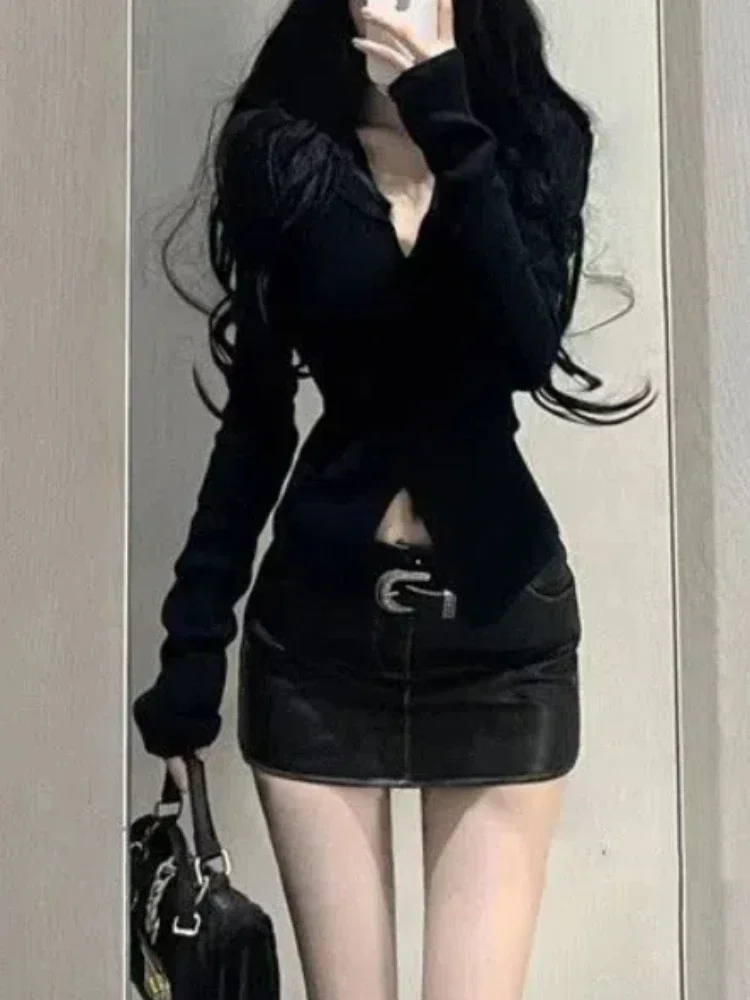 

Summer New 2 Piece Skirt Set Women's Gothic Black Sun Shirt + Casual Slim Sexy Short Leather Skirt 2000s Vintage Y2k Korean