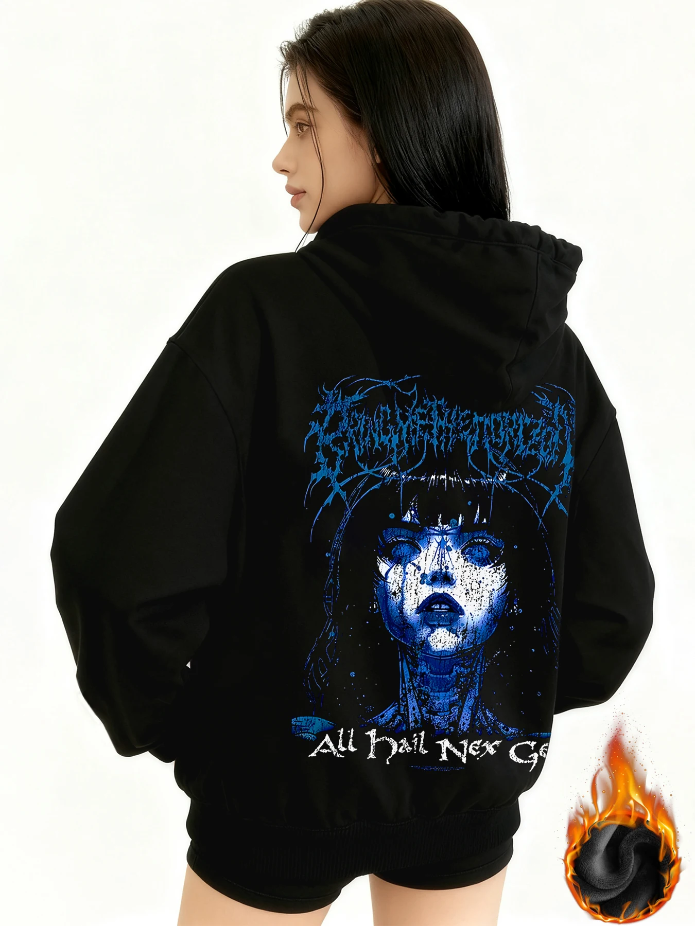 Winter Y2k gotische print dik zwaar fluweel zwart capuchon ritsjack slank temperament damesjas casual luie woon-werkstijl