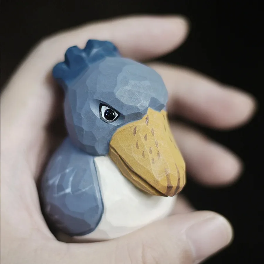 Handmade Wooden Carved Little Fat Bird Ornament Solid Wood Shoebill Figurines Wood Whale-headed Stork Crafts Desktop Decoration
