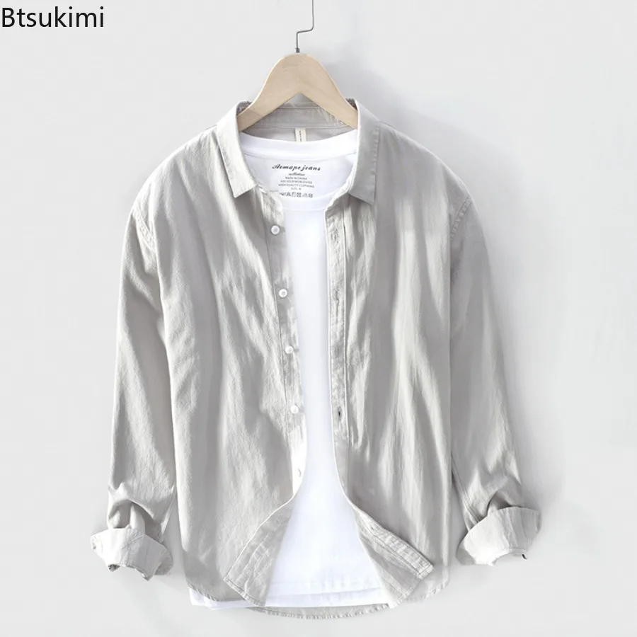 

Spring and Summer New Plain Color Long Sleeve Shirts for Men Fashion Vintage Streetwear Single Breasted 100%Cotton Casual Shirts