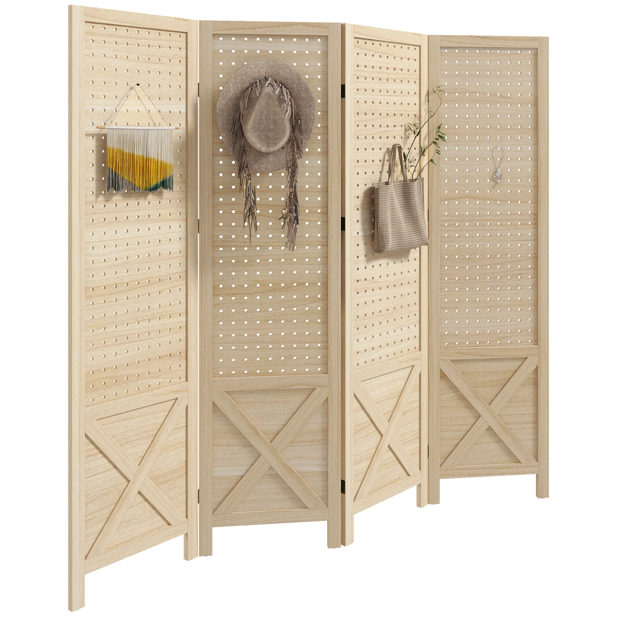 Paravent intérieur en bois 4 panneaux séparateur de pièce pliable panneau perforé 152 x 1,7 x 144,5 cm bois naturel