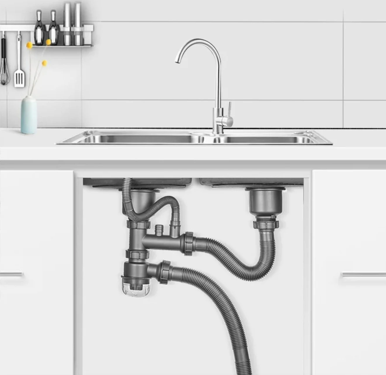 Escorredor de pia de cozinha em aço inoxidável 140mm 110mm 304, tubo de drenagem de cozinha, dreno de pia dupla com kit de tubo de drenagem
