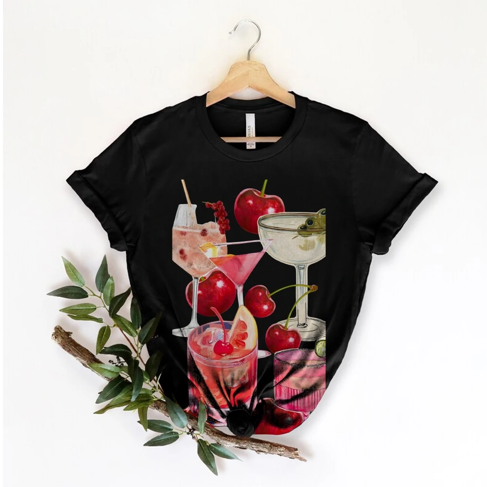 Camiseta gráfica de coquetel de frutas 100% algodão de alta qualidade oversize colorido camiseta cereja bebidas impressão verão y2k vibe