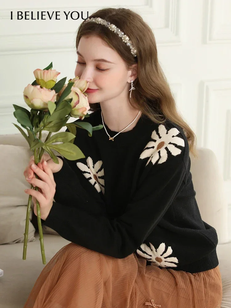 

I BELIEVE YOU Small Black Daisy Sweater For Women 2024 Knitted Tops Lazy Loose Soft Winter New Comfy Fleece Jumper 2234125285