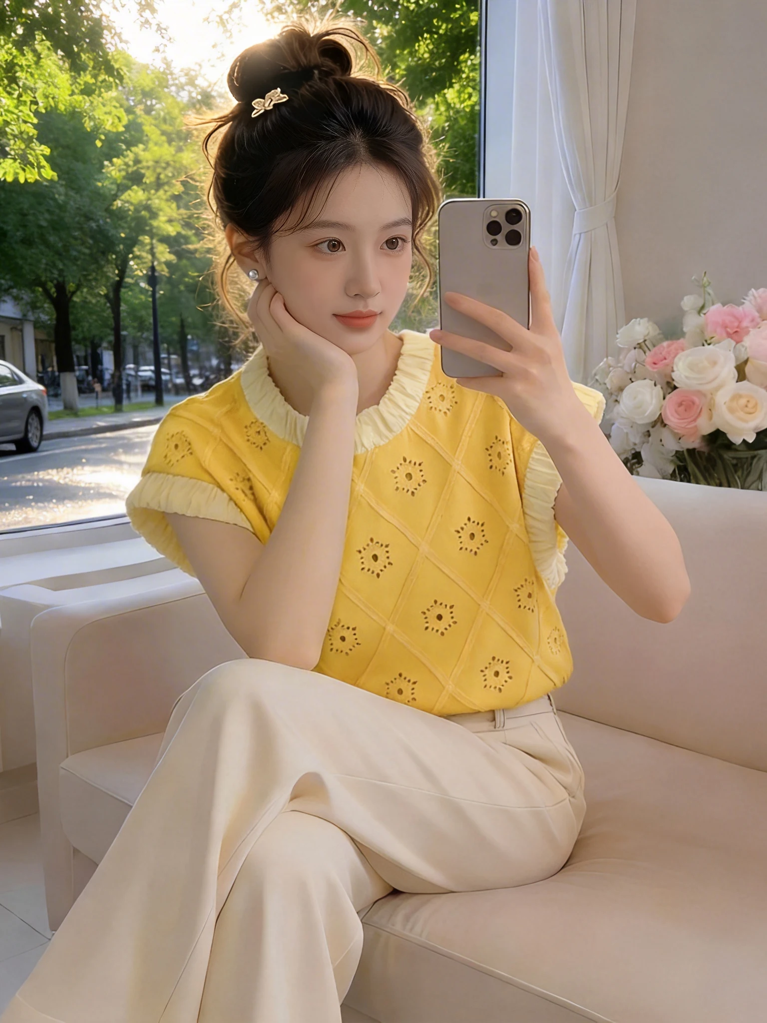 

Retro Yellow round Neck Short Sleeve T-Shirt Women's Summer Hollow out Design Fairyish Shirt Top Korean Style Breathable Skin...