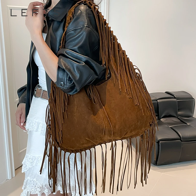 

LEFTSIDE Design High capacity PU Leather Shoulder Bags for Women 2025 New Winter Tassels Hobo Bag Females ​Handbags and Purses