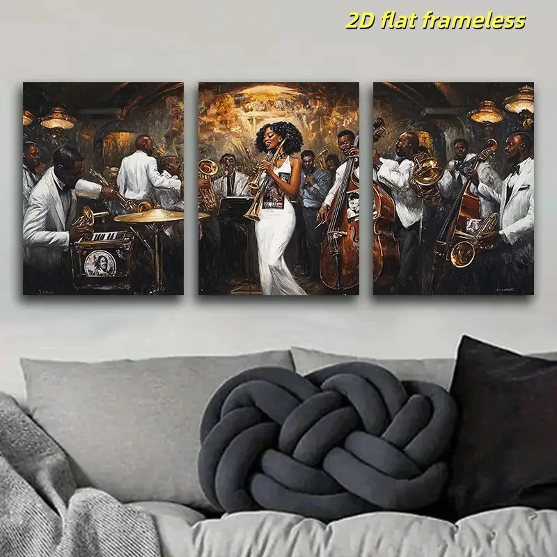 3 pieces of African American jazz band wall art canvas posters, suitable for decorating living rooms, offices, coffee shops, 2D