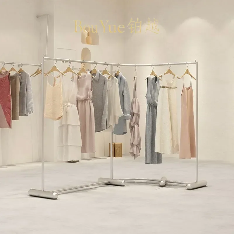 for Wrought Iron Paint L Shaped Curved Corner Middle Island Floor Rack Hanging Hanger Display Stand for Women's Clothing