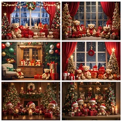 Christmas Teddy Bear Background Xmas Tree Toy Bear for Winter Window Room Outdoor Decoration Banner Kids Portrait Photo Props