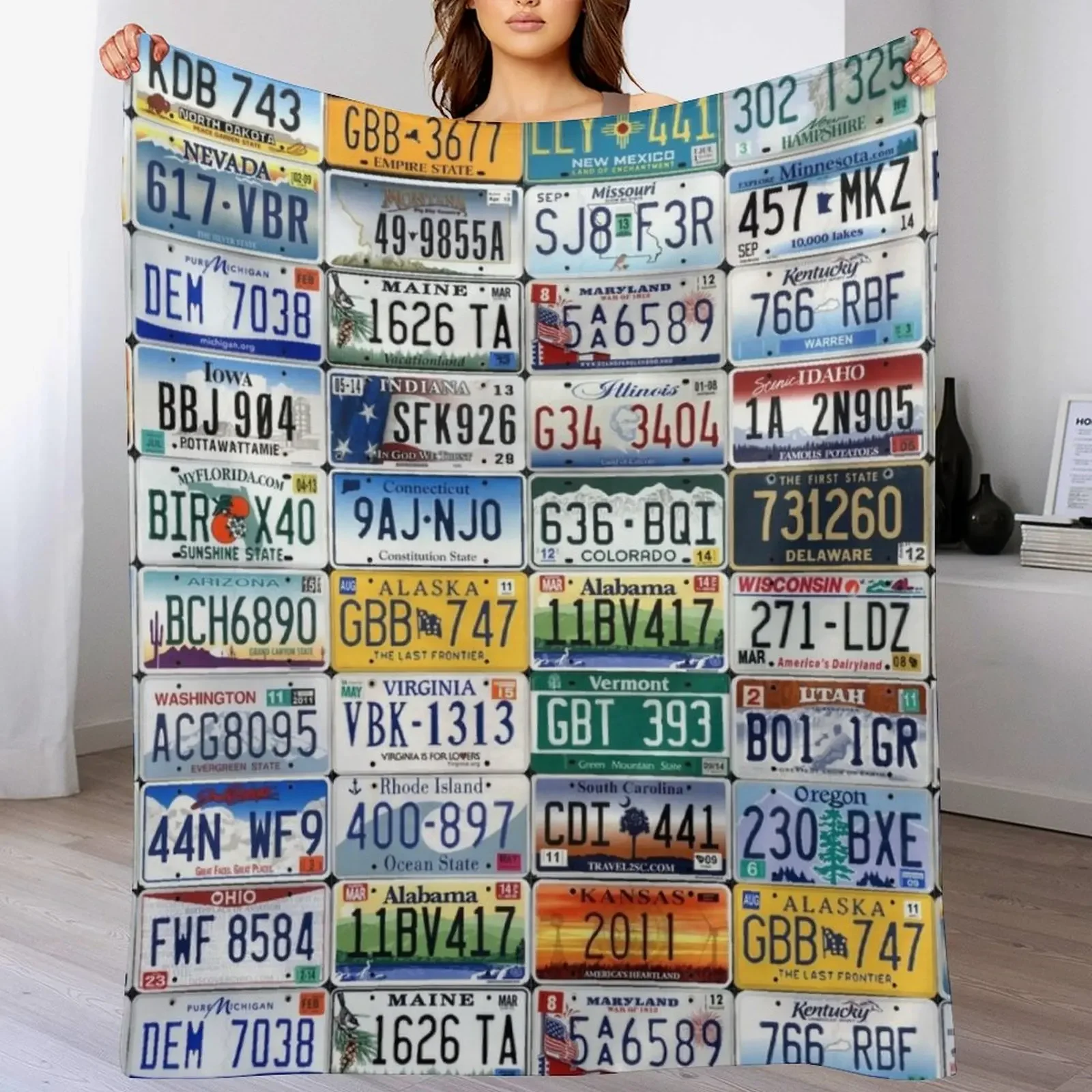 

Collage of All 50 License Plates of USA United States of America Throw Blanket Sofas Bed linens Blankets