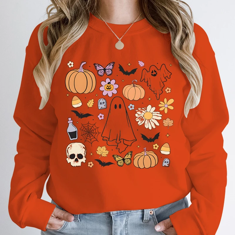 Halloween Ghost Pumpkin Print Sweatshirts Crew Neck Hoodless Pullover Ladies Casual Sweatshirt Long Sleeves Pullovers