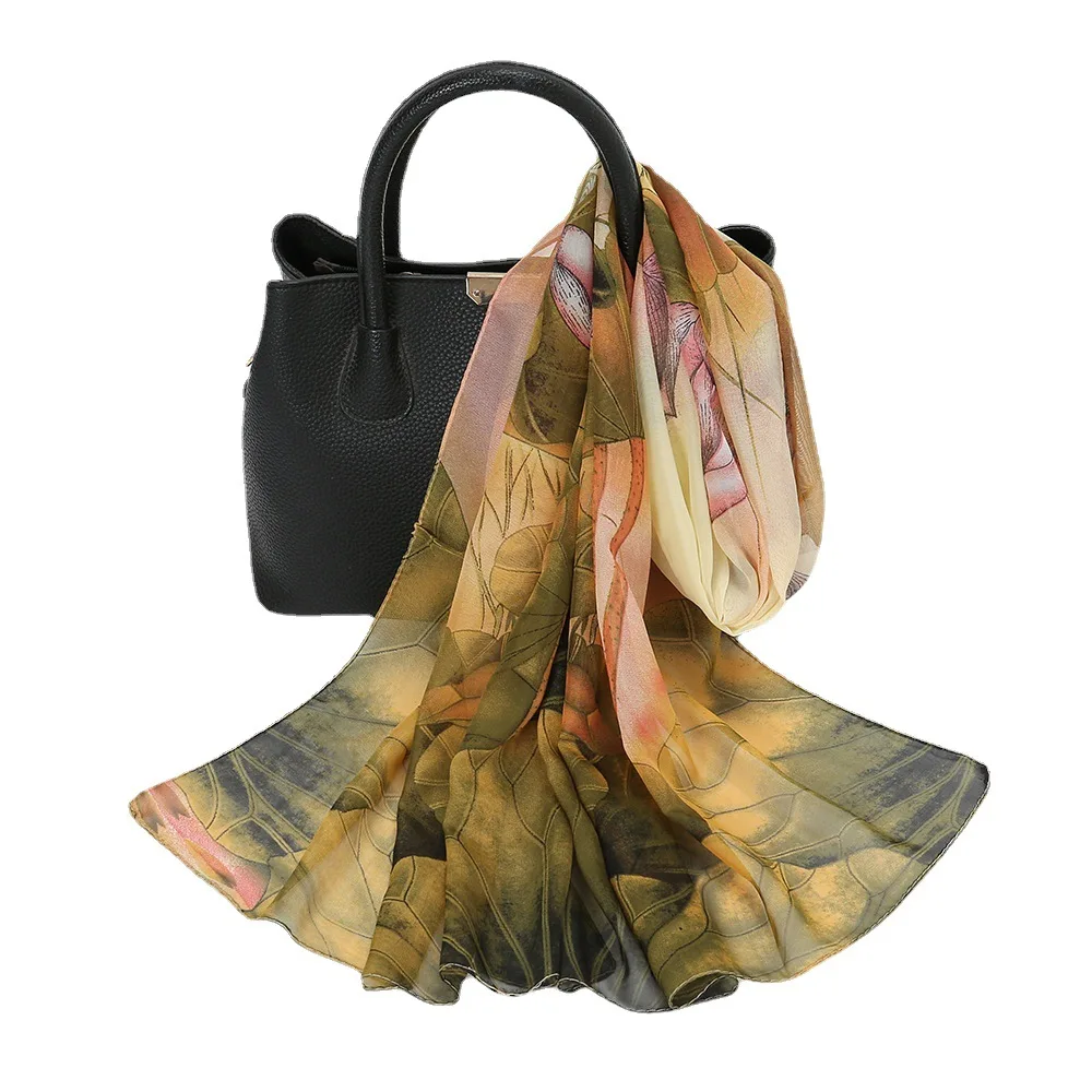 New Lotus Flower Printed Scarf for Women Elegant Fashion Thin Chiffon Sunscreen Travel Holiday Beach Scarf  Accessories Gift