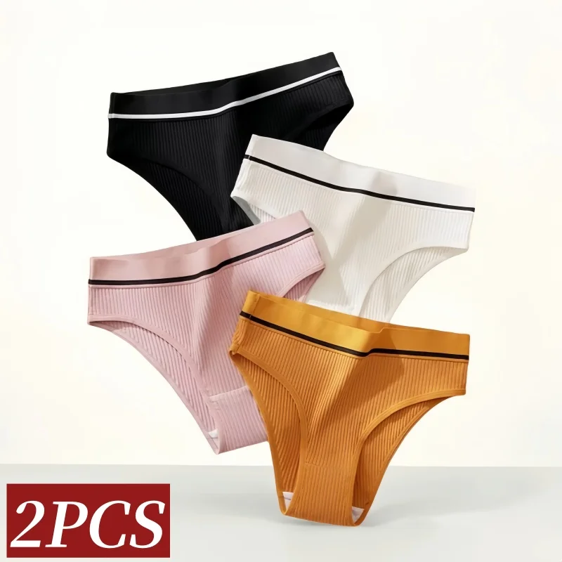 

2Pcs/Set Cotton Panties Women Hip Lift Briefs Fitness Sports Panty Mid Waist Breathable Striped Underwear Female Sexy Lingerie